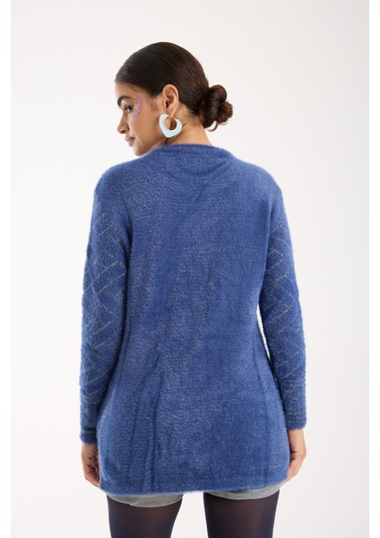 Kadın Indigo Simli Sakal Iplik Yan Yırtmaçlı Bisiklet Yaka Triko Kazak