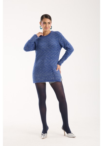 Kadın Indigo Simli Sakal Iplik Yan Yırtmaçlı Bisiklet Yaka Triko Kazak