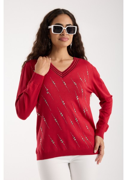 Kadın Kırmızı Elit Viskon Kumaş Taş Detaylı Sim Biyeli Yan Yırtmaçlı V Yaka Triko Bluz fiyatları