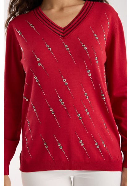 Kadın Kırmızı Elit Viskon Kumaş Taş Detaylı Sim Biyeli Yan Yırtmaçlı V Yaka Triko Bluz modelleri