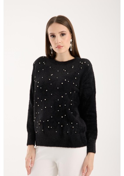 Kadın Siyah Bisiklet Yaka Taş ve Inci Işlemeli Triko Kazak