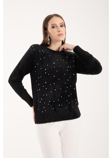 Kadın Siyah Bisiklet Yaka Taş ve Inci Işlemeli Triko Kazak fiyatları
