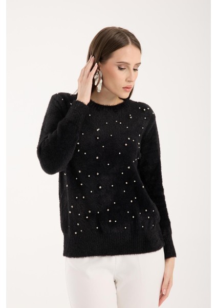 Kadın Siyah Bisiklet Yaka Taş ve Inci Işlemeli Triko Kazak fırsatları