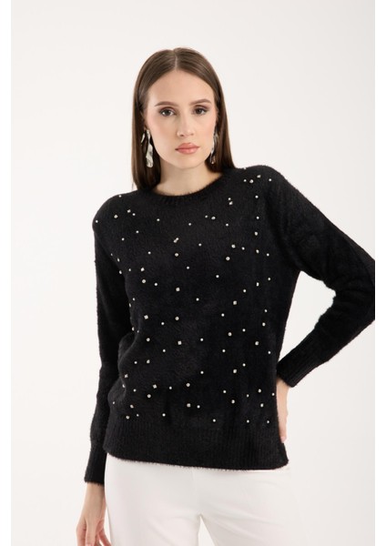 Kadın Siyah Bisiklet Yaka Taş ve Inci Işlemeli Triko Kazak indirimleri