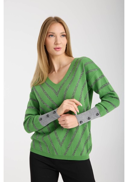 Kadın Kireç Yeşili Simli V Yaka Ince Bluz