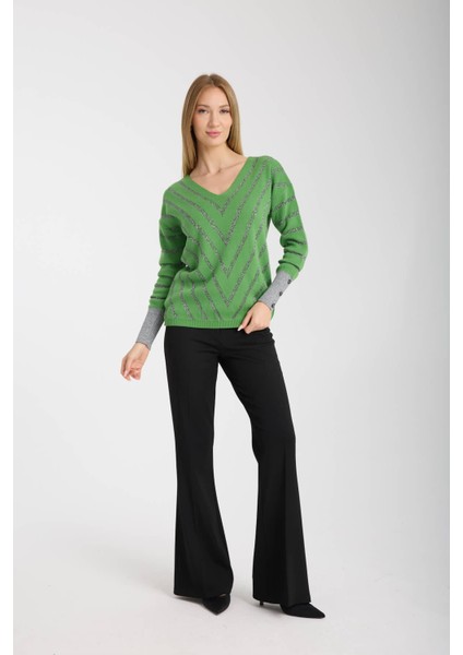 Kadın Kireç Yeşili Simli V Yaka Ince Bluz indirimleri