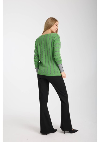 Kadın Kireç Yeşili Simli V Yaka Ince Bluz