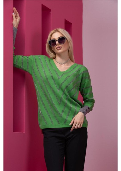 Kadın Kireç Yeşili Simli V Yaka Ince Bluz