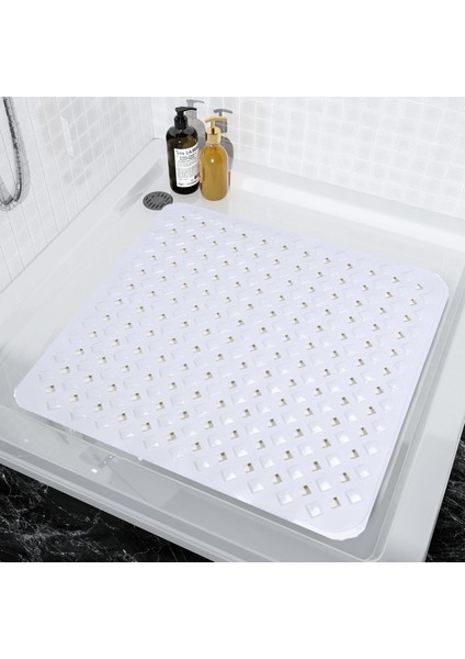 | Duş Için Kaydırmaz Tabanlı, Su Drenajlı, Masaj Noktalı Kare Paspas - Mat Beyaz- 53X53CM