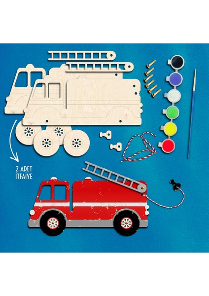 İtfaiye Ahşap Boyama Figürleri ve Etkinlik Seti Eğitici Çocuk Aktivite Okul Öncesi Boyasız