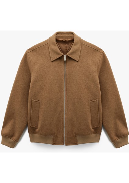 Uzun Kollu Cepli Fermuarlı Gömlek Yaka Kaşe Bomber Ceket