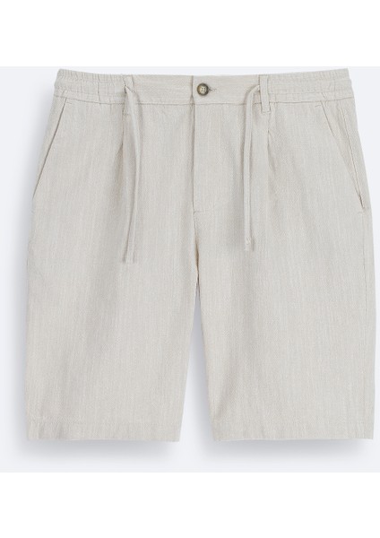 Erkek Bej Beli Lastikli Keten Karışımlı Relaxed Fit Şort B003731