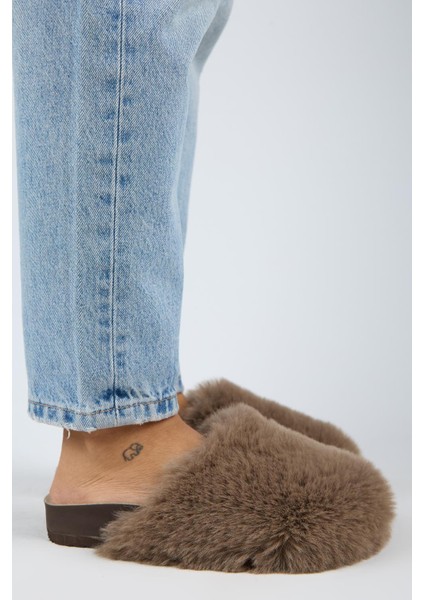 Gaye Kadın Peluş Düz Koyu Vizon Terlik