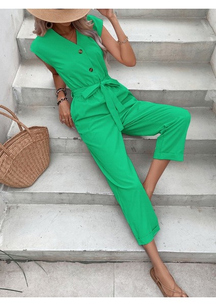 Keten Tek Sıra Düğmeli Tulum