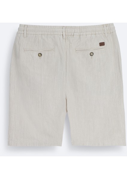 Erkek Bej Beli Lastikli Keten Karışımlı Relaxed Fit Şort B003731