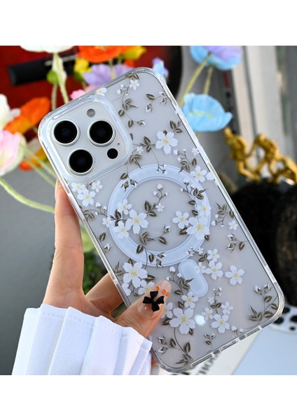 Iphone 14 Promax Uyumlu Çiçekli Gerçek Magsafe Özellikli Şeffaf Baskılı Kılıf modelleri