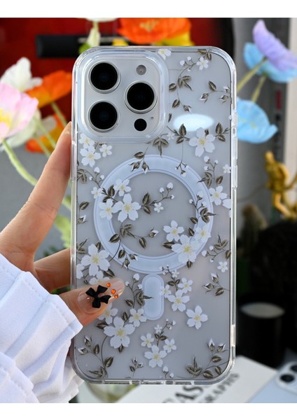 Iphone 14 Promax Uyumlu Çiçekli Gerçek Magsafe Özellikli Şeffaf Baskılı Kılıf fırsatları