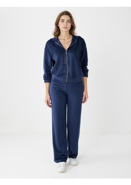 Lacivert Uzun Kollu Kapüşonlu Polar Örme Sweatshirt