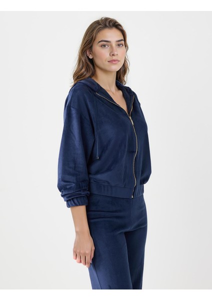 Lacivert Uzun Kollu Kapüşonlu Polar Örme Sweatshirt fırsatları