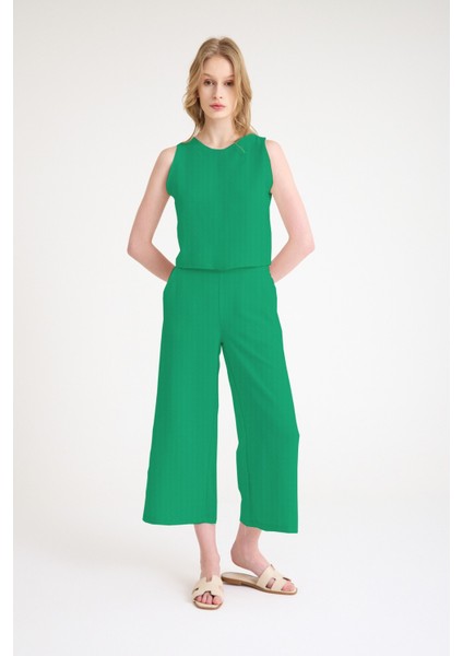 Yüksek Bel Kapri Pantolon Sırt Detaylı Yazlık Kolsuz Yeşil Ikili Keten Takım indirimleri