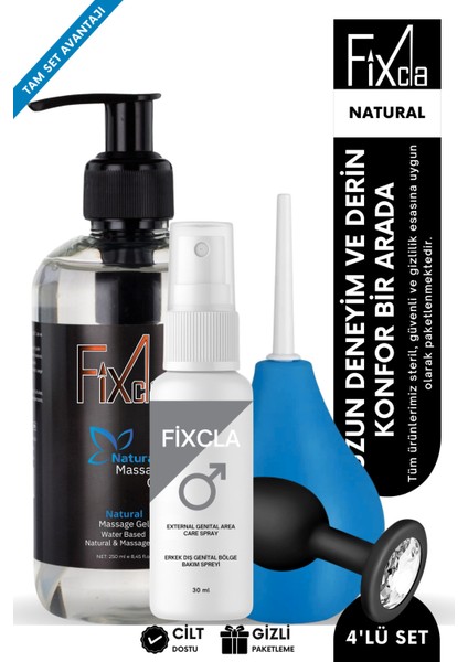 Natural A+ 4’lü – Su Bazlı Kaydırıcı Jel 250 Ml, 30 ml Bekle-Yıka Sprey, Anal Pompa ve Taşlı Plug