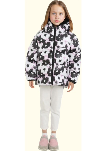 Kız Çocuk Pusula Desen Polar Su ve Rüzgar Geçirmez Kapüşonlu Şişme Kışlık Mont