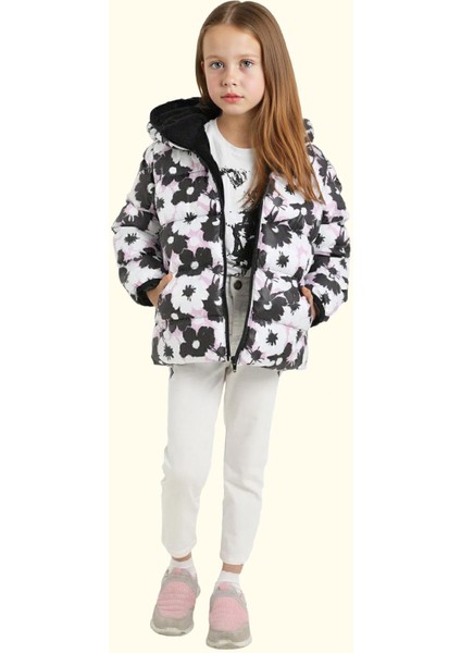 Kız Çocuk Pusula Desen Polar Su ve Rüzgar Geçirmez Kapüşonlu Şişme Kışlık Mont modelleri