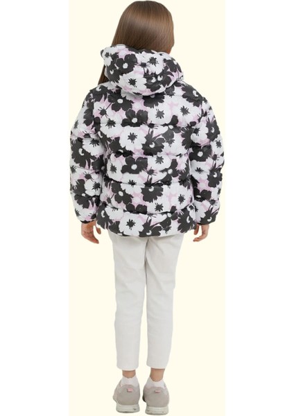 Kız Çocuk Pusula Desen Polar Su ve Rüzgar Geçirmez Kapüşonlu Şişme Kışlık Mont