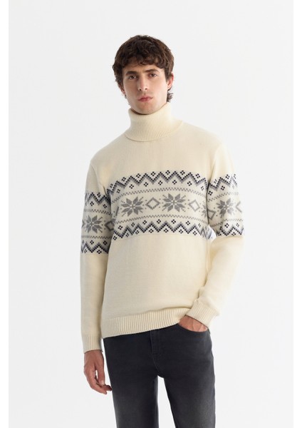 Erkek Ekru Tam Balıkçı Yaka Kar Desenli Soft Touch Triko Regular Fit Kazak A42Y5147