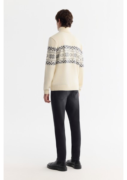 Erkek Ekru Tam Balıkçı Yaka Kar Desenli Soft Touch Triko Regular Fit Kazak A42Y5147