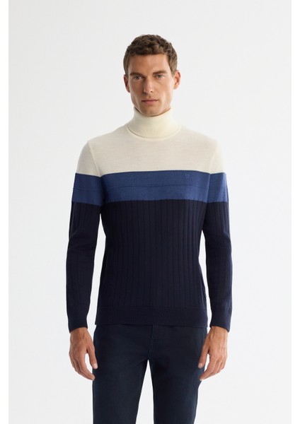 Erkek Lacivert Tam Balıkçı Yaka Blok Renkli Yün Karışımlı Regular Fit Kazak A42Y5013