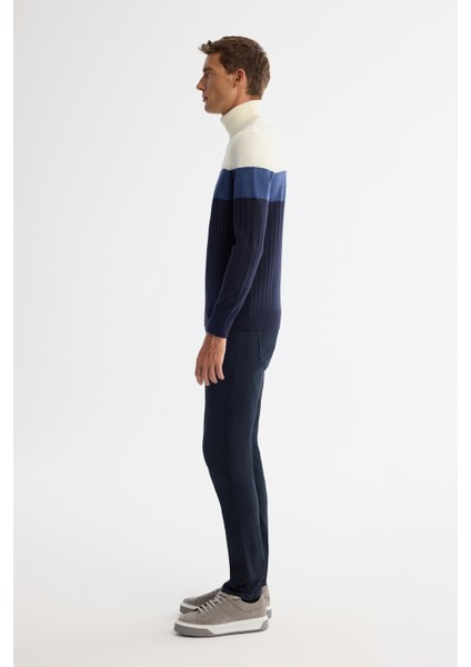 Erkek Lacivert Tam Balıkçı Yaka Blok Renkli Yün Karışımlı Regular Fit Kazak A42Y5013