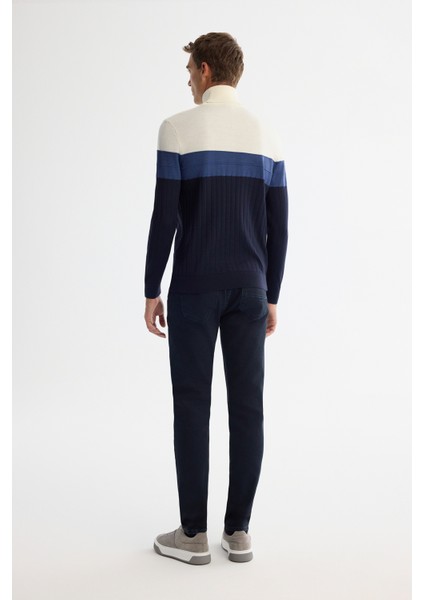 Erkek Lacivert Tam Balıkçı Yaka Blok Renkli Yün Karışımlı Regular Fit Kazak A42Y5013