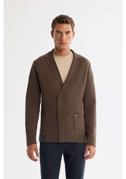 Erkek Vizon Mono Yaka Kruvaze Torba Cepli Yün Karışımlı Triko Regular Fit Hırka A42Y5153