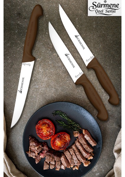 Sürmene Kahve Serisi Mutfak Bıçak Seti Et Ekmek Sebze Meyve Bıçağı 3 Lü Set Günlük Kullanım HDS-120
