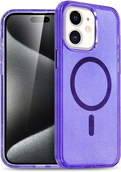 Apple iPhone 12 Glow Simli Standlı Lens Hediyeli Kılıf Kapak - Mor