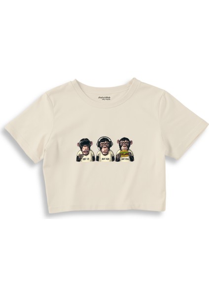Diplomatic Monkeys Crop Tişört - Ekru