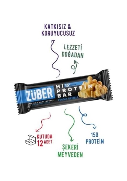 Züber Yüksek Protein Bar Fındık Ezmeli 45G x 12 Adet modelleri