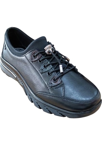 Palovit 027 Kadın Hakiki Deri Lastikli Düz Taban Comfort Günlük Ayakkabı Siyah