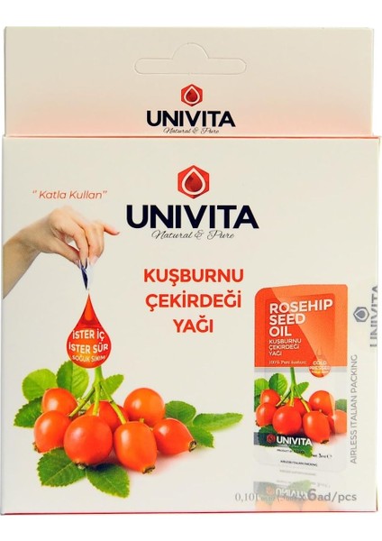Unıvıta %100 Doğal Soğuk Sıkım Kuşburnu Çekirdeği Yağı - Rosehip Seed Oil 3 ml x 6 Adet modelleri