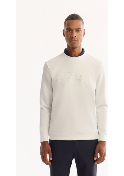 Erkek Ekru Bisiklet Yaka Pamuklu Bi-Stretch Baskılı Regular Fit Sweatshirt A52Y1264