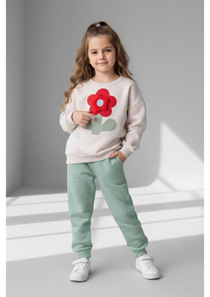 Dokulu Papatya Desenli Kız Çocuk Kışlık takım - Yeşil