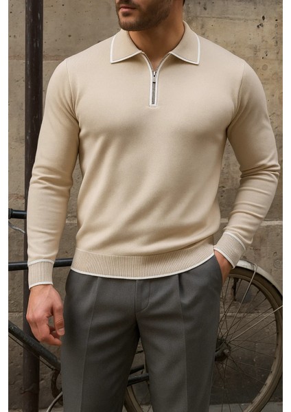 Erkek Günlük Çizgili Trend Bej Polo Yaka Kazak