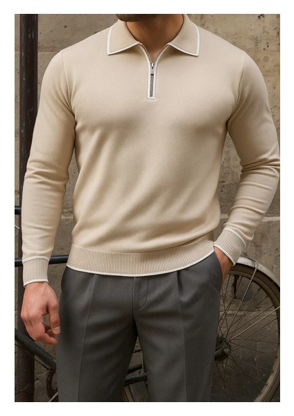 Erkek Günlük Çizgili Trend Bej Polo Yaka Kazak modelleri