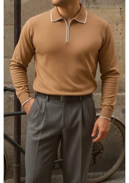 Erkek Günlük Çizgili Trend Kahve Polo Yaka Kazak