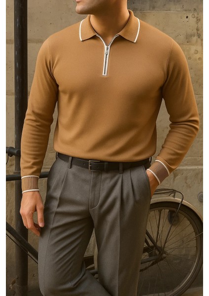 Erkek Günlük Çizgili Trend Kahve Polo Yaka Kazak modelleri