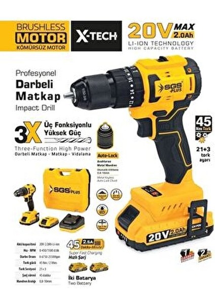 Akülü Darbeli Matkap Seti 20 Volt - 2 Amper 2 Akü ile Taşınabilir Kullanım İçin