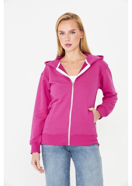 Kadın Tam Fermuarlı Kapüşonlu Pamuklu Eşofman Üstü Fuşya 9508-F