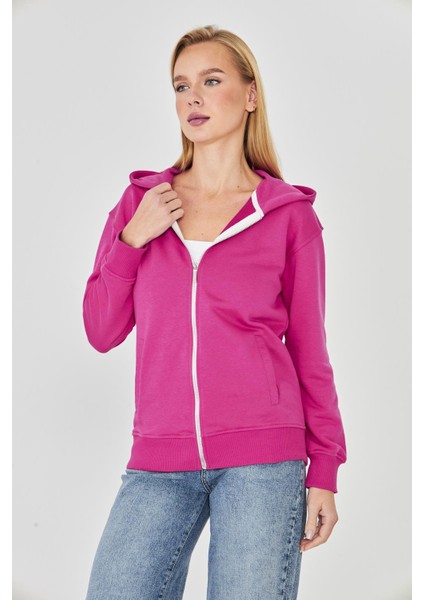 Kadın Tam Fermuarlı Kapüşonlu Pamuklu Eşofman Üstü Fuşya 9508-F fiyatları