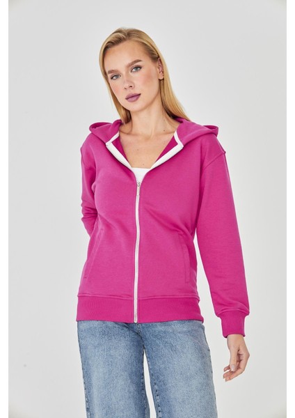 Kadın Tam Fermuarlı Kapüşonlu Pamuklu Eşofman Üstü Fuşya 9508-F modelleri